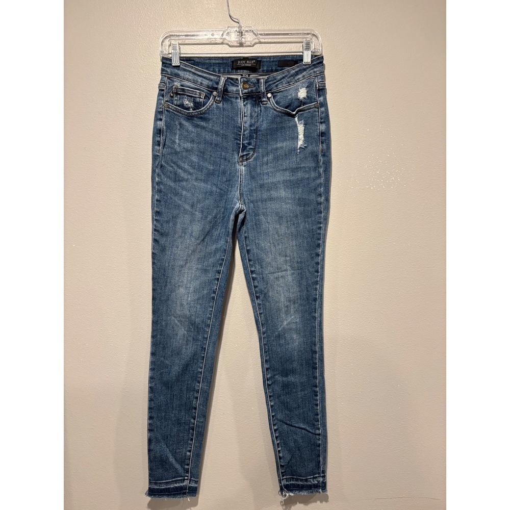 Judy Blue High Rise Skinny Jeans Medium Wash Distressed Raw Hem Size 7 28